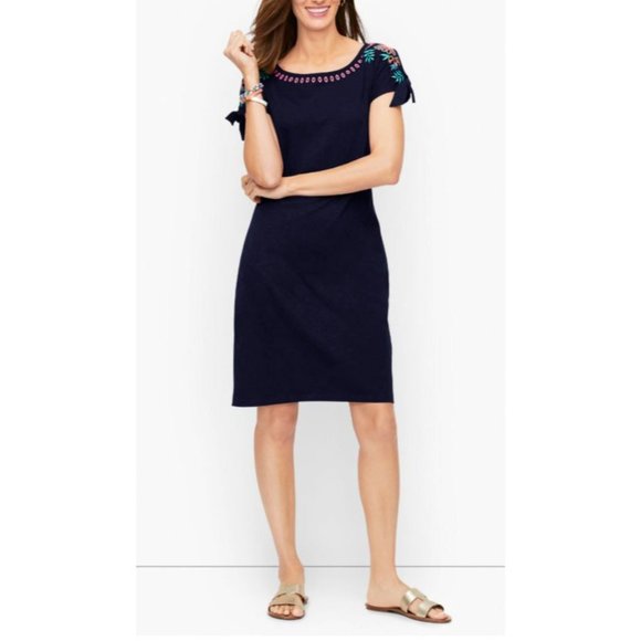 Talbots Dress 3X Blue Embroidered Short Tie Sleeve Cotton Washable - Picture 9 of 14